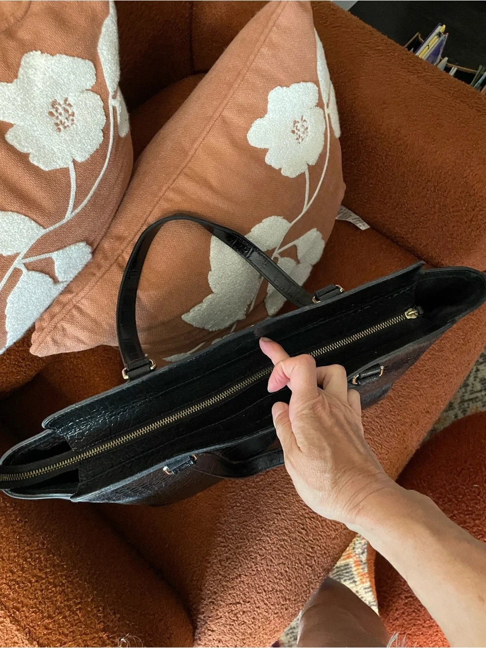 Y2K Kate Spade New York black croc work bag footed zipper top